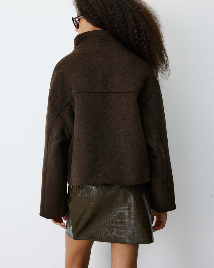 Wool-blend short coat with high collar chocolat Blanca