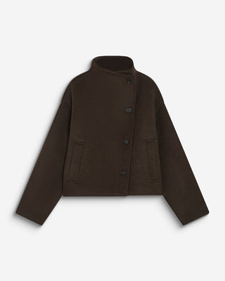 Manteau court col cheminée en laine mélangée chocolat Blanca
