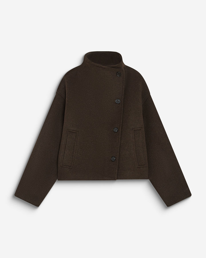 Wool-blend short coat with high collar chocolat Blanca