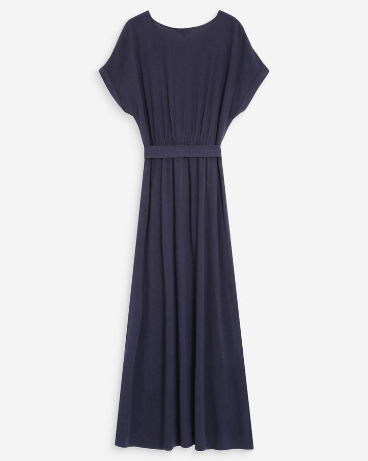 Robe longue portefeuille ceinturée marine Pollen