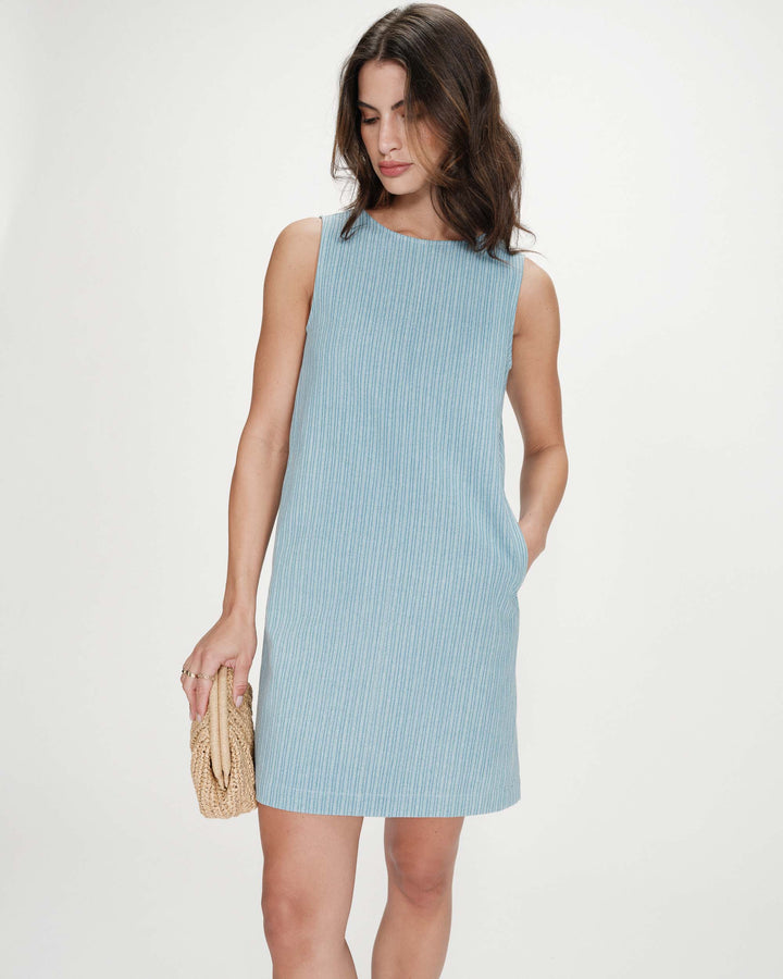 Vestido corto recto sin mangas en denim stripedblue Vanessa
