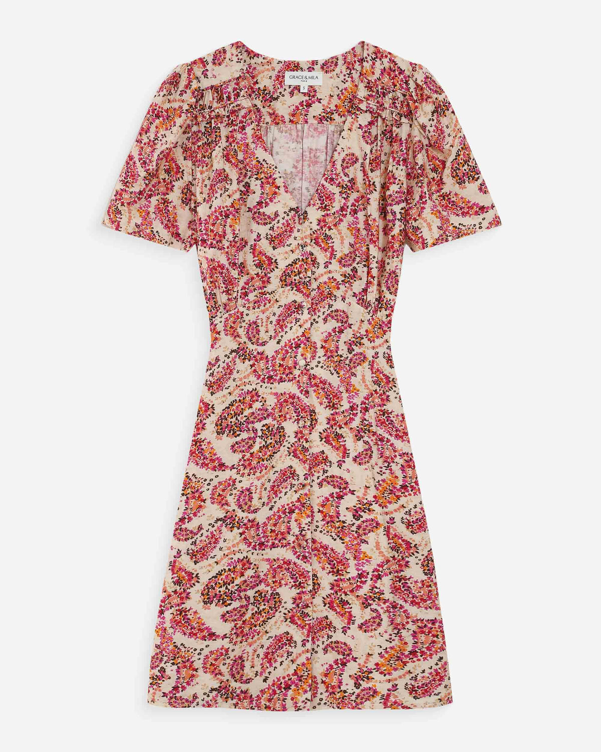 Robe courte manches bouffantes imprimée peche Victoire