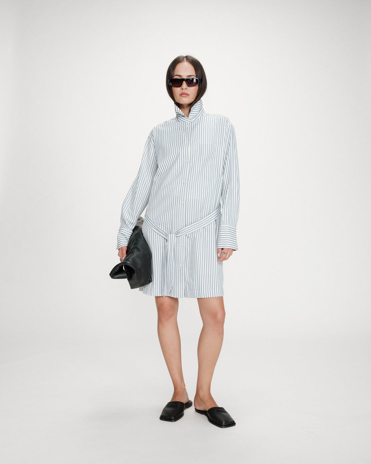 Striped belted short shirt dress bleuet Visery