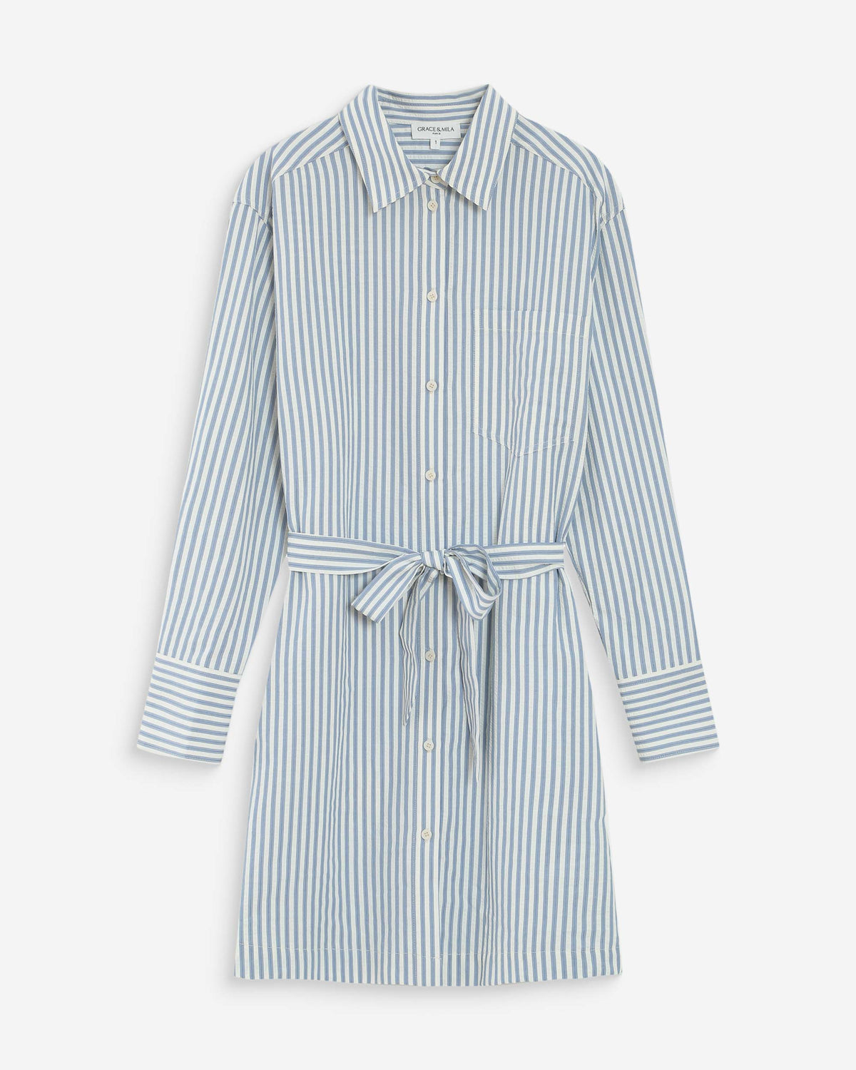 Striped belted short shirt dress bleuet Visery