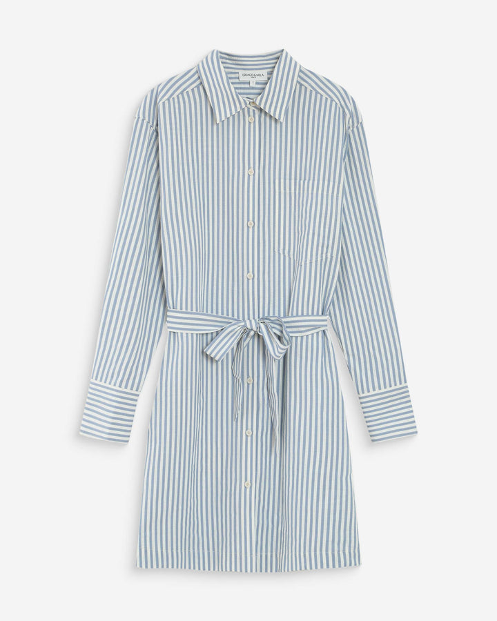 Striped belted short shirt dress bleuet Visery