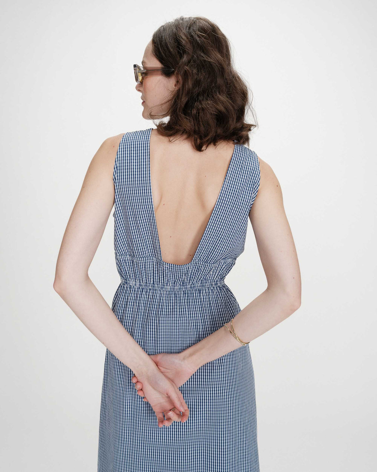 Cotton checked maxi V-neck dress marine Velmira