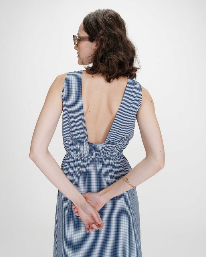 Cotton checked maxi V-neck dress marine Velmira