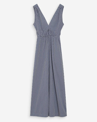 Robe longue à carreaux en coton col V marine Velmira