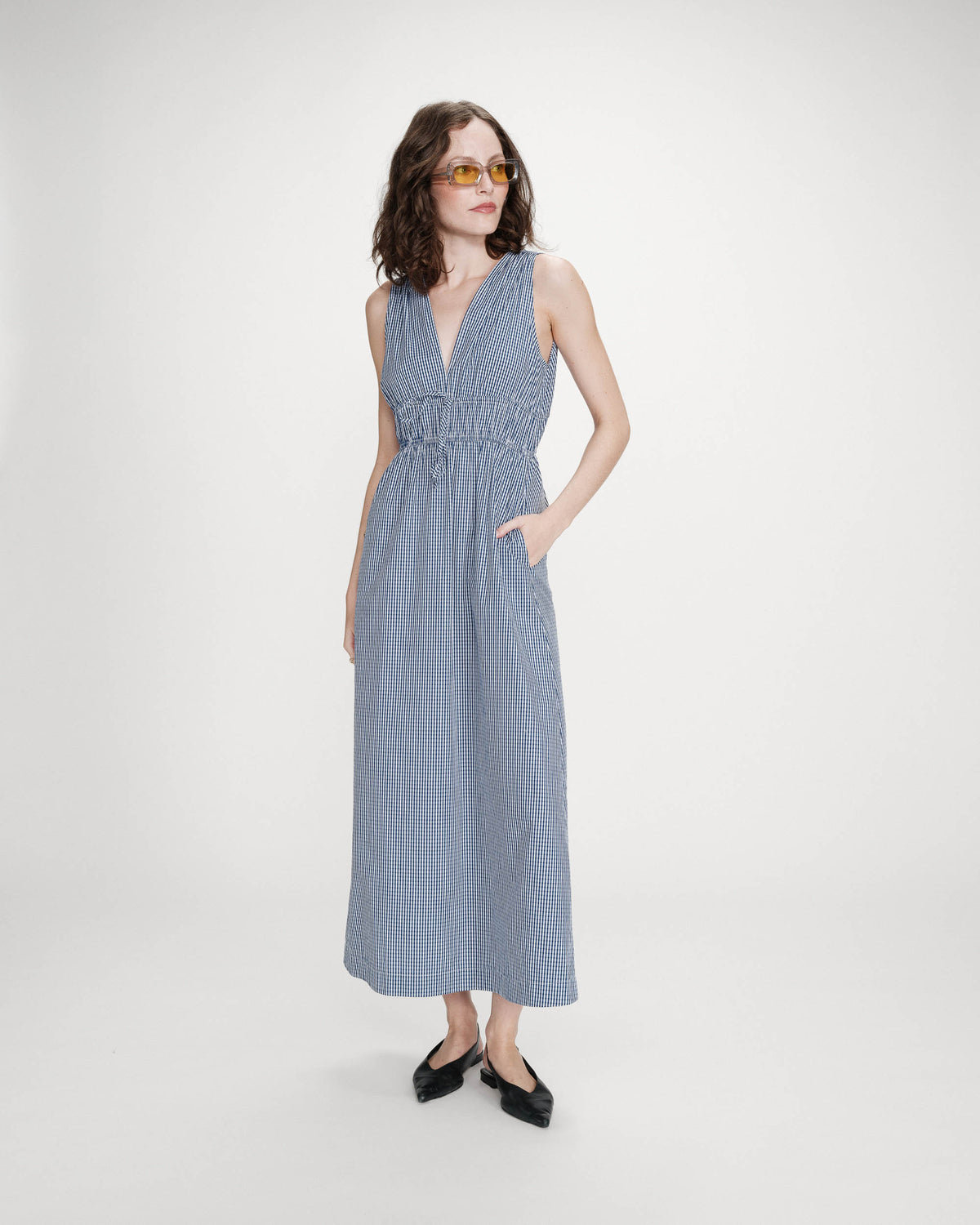 Cotton checked maxi V-neck dress marine Velmira