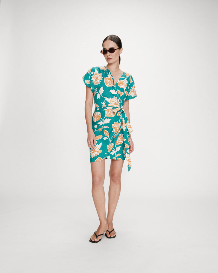 Robe courte portefeuille à fleurs vert Velora