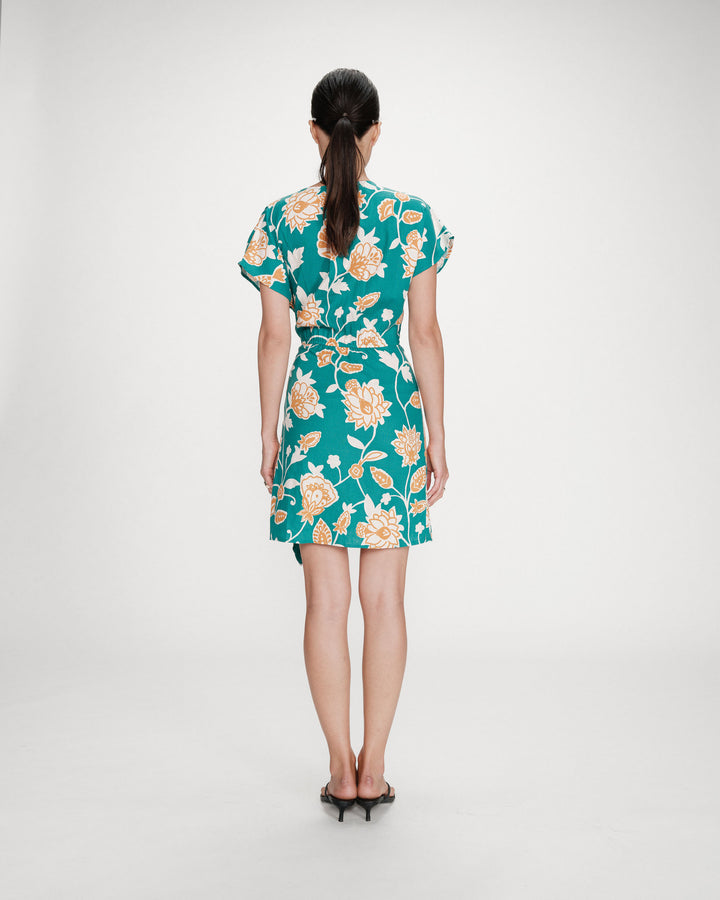 Robe courte portefeuille à fleurs vert Velora