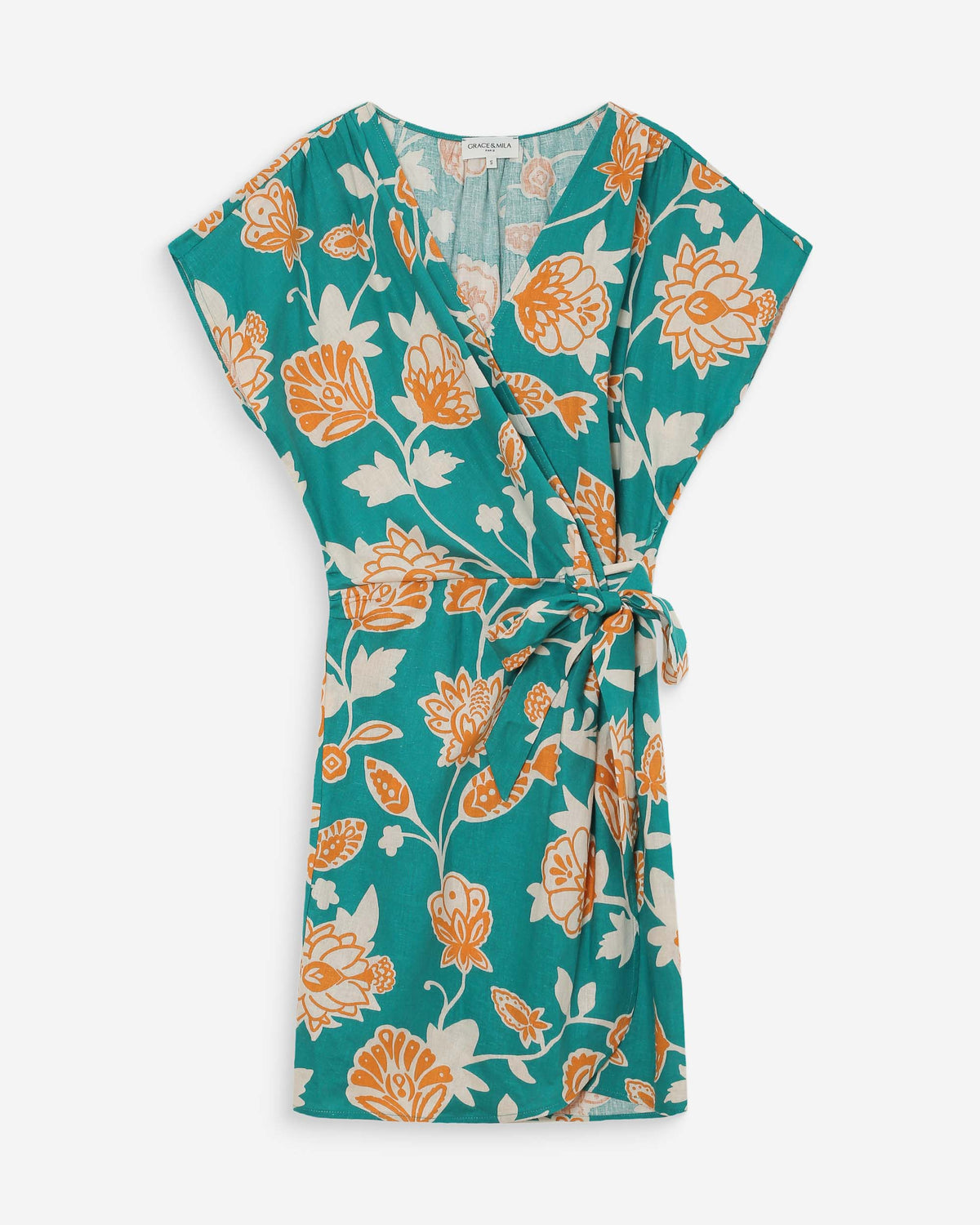 Robe courte portefeuille à fleurs vert Velora