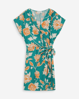 Robe courte portefeuille à fleurs vert Velora