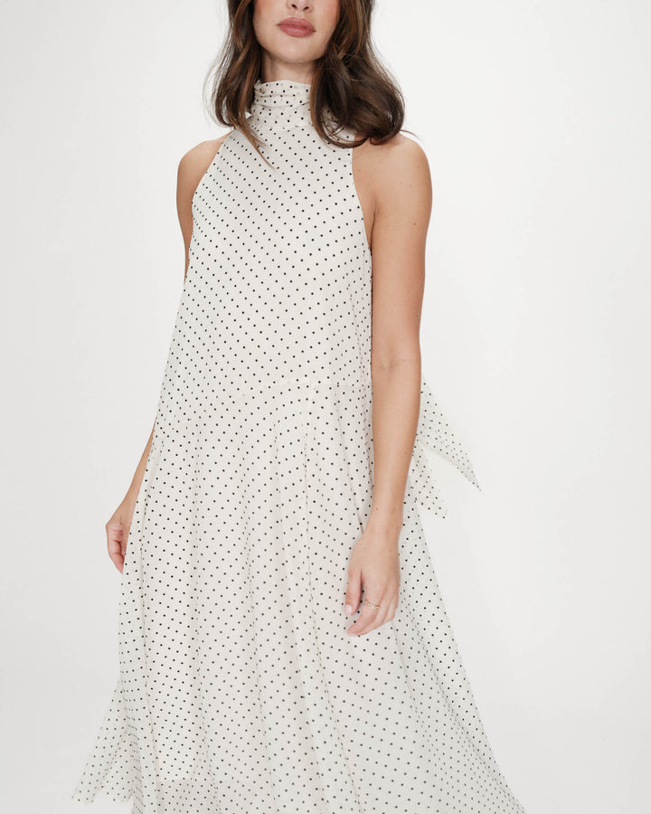 Robe longue fluide à pois col montant à nouer ivoire Valoria