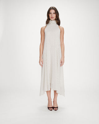 Robe longue fluide à pois col montant à nouer ivoire Valoria