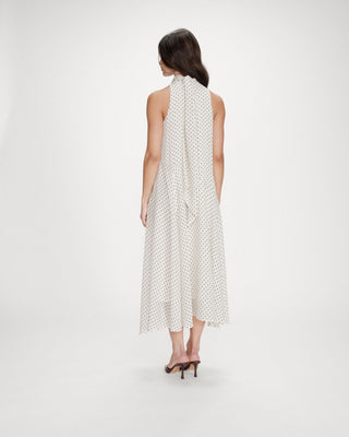 Robe longue fluide à pois col montant à nouer ivoire Valoria