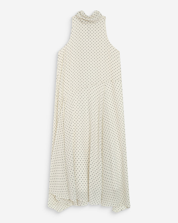 Robe longue fluide à pois col montant à nouer ivoire Valoria