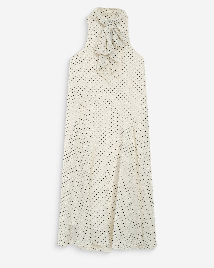 Robe longue fluide à pois col montant à nouer ivoire Valoria