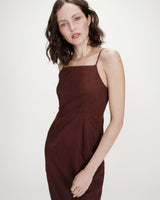 Fitted linen long dress with square neckline chocolat Veranys