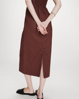 Fitted linen long dress with square neckline chocolat Veranys
