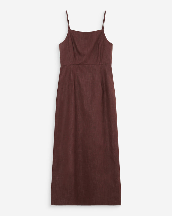 Fitted linen long dress with square neckline chocolat Veranys