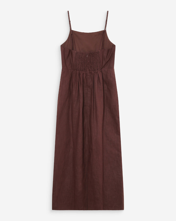 Fitted linen long dress with square neckline chocolat Veranys