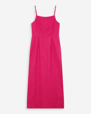 Robe longue en lin ajustée col carré fuchsia Veranys