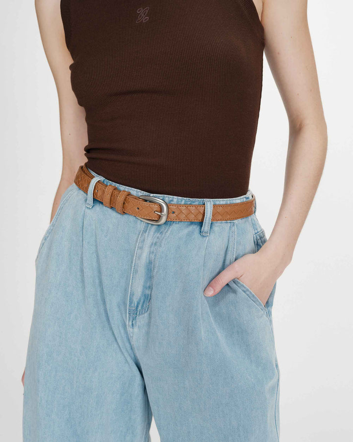 Braided leather belt with silver-tone buckle ocre Villette