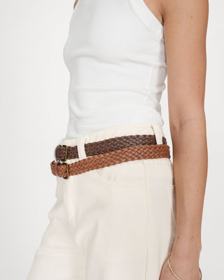 Ceinture en cuir tressée boucle dorée chocolat Viona