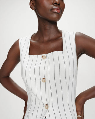 Gilet rayé en lin sans manches col carré boutonné white Vic