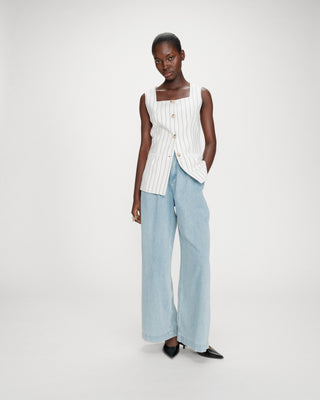 Gilet rayé en lin sans manches col carré boutonné white Vic