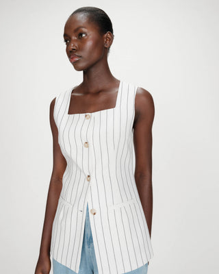 Gilet rayé en lin sans manches col carré boutonné white Vic
