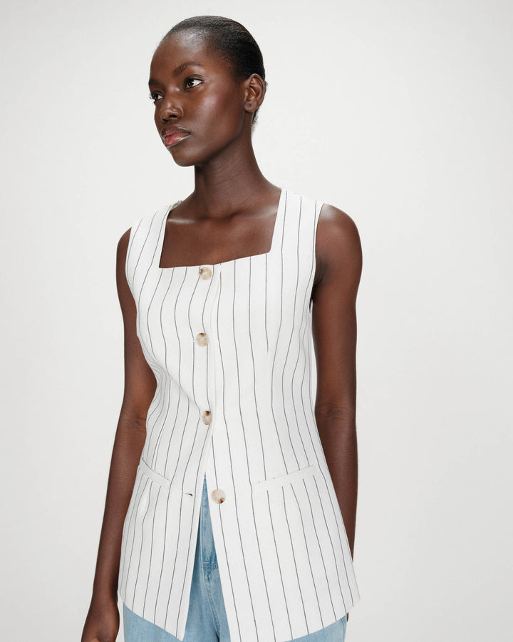 Tailored pinstripe linen sleeveless vest white Vic