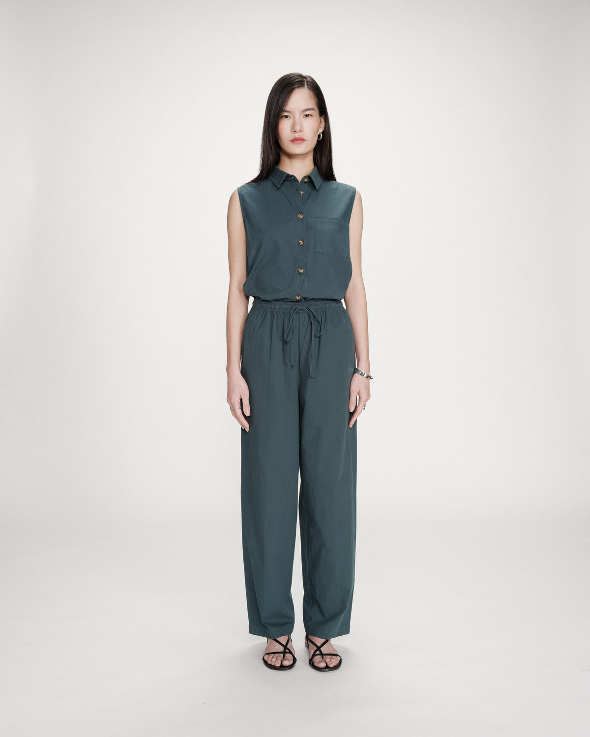 Pantalon droit en coton taille ajustable à cordon emeraude Rhode