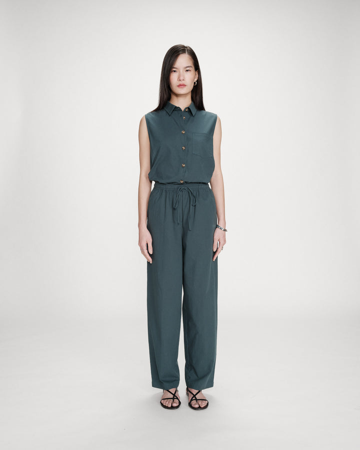 Pantalon droit en coton taille ajustable à cordon emeraude Rhode