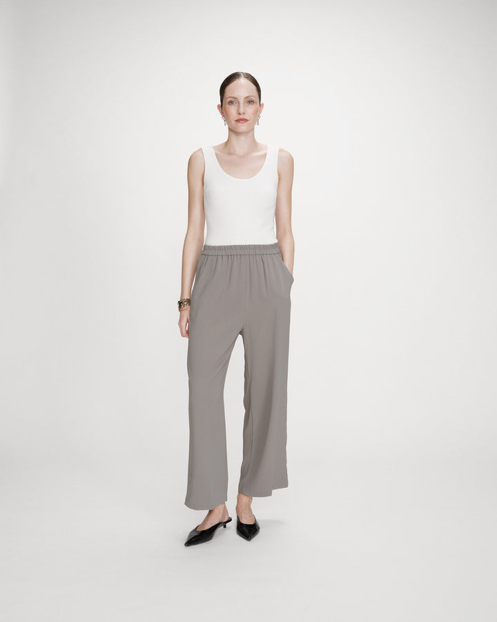 Pantalon fluide jambe large taille mi-haute kaki Noblesse