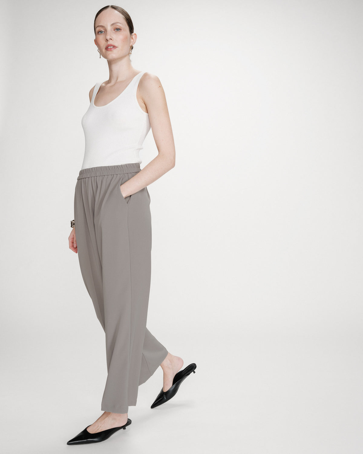 Pantalon fluide jambe large taille mi-haute kaki Noblesse