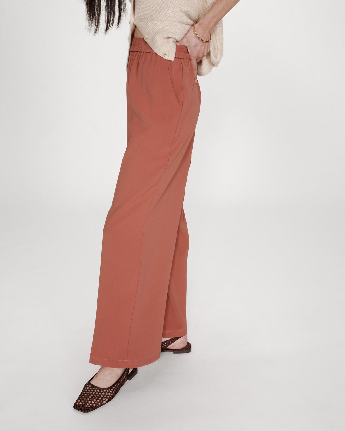 Pantalon fluide jambe large taille mi-haute terracotta Noblesse