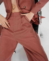 Pantalon tailleur droit taille mi-haute à plis terracotta Pierre
