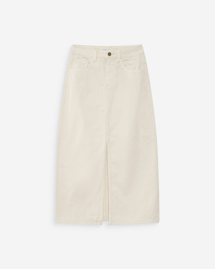 Jupe longue en denim taille haute fente devant ecru Varenne