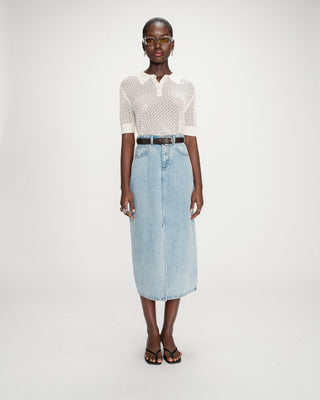 Jupe longue en denim taille haute fente devant skyblue Varenne