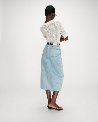Jupe longue en denim taille haute fente devant skyblue Varenne
