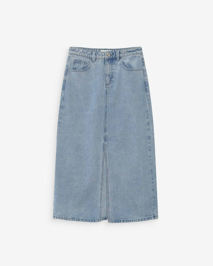 Jupe longue en denim taille haute fente devant skyblue Varenne