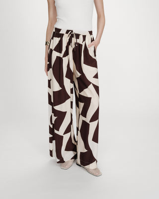 Pantalon large taille ajustable motif graphique chocolat Veni