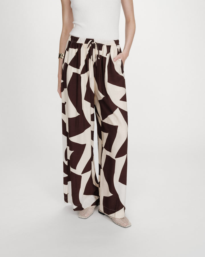 Pantalon large taille ajustable motif graphique chocolat Veni