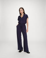 Pantalon large en lin taille haute marine Raven