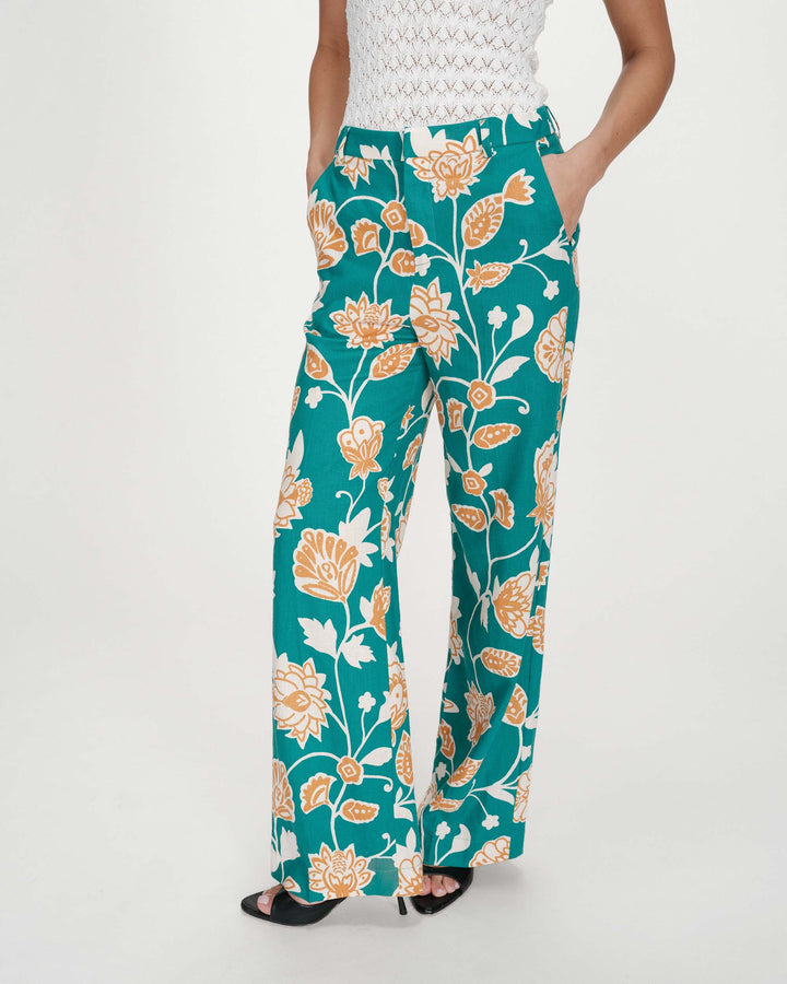 Pantalon à motif floral jambe large vert Varino
