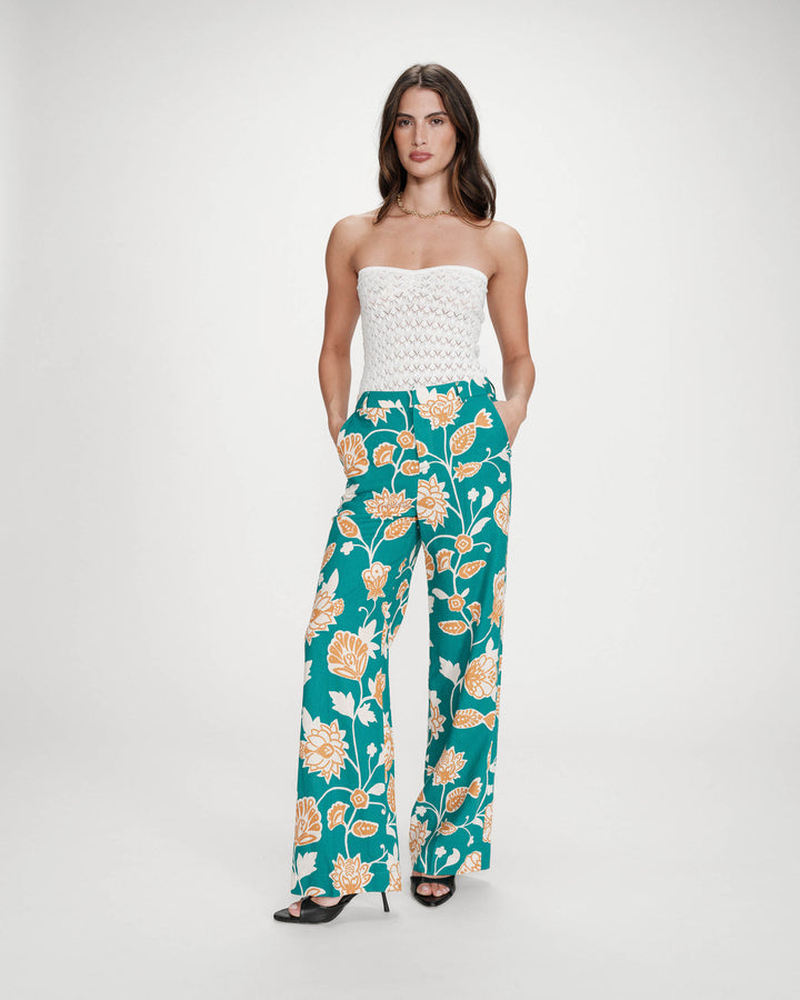 Pantalon à motif floral jambe large vert Varino