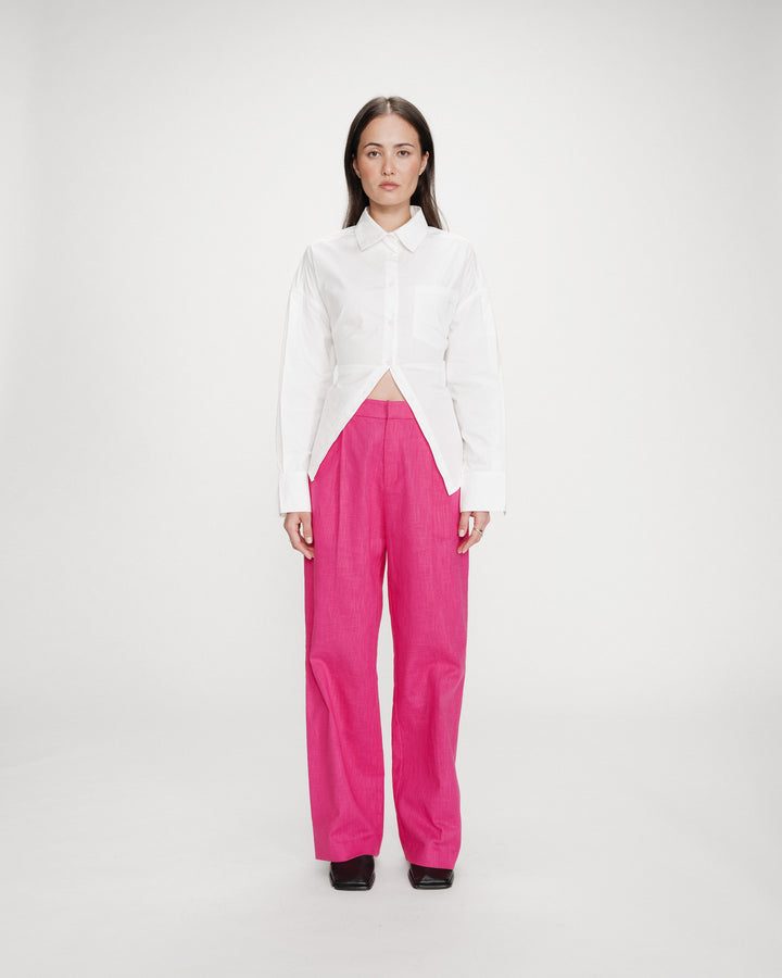 Pantalon tailleur à plis en lin et coton fuchsia Vanelis