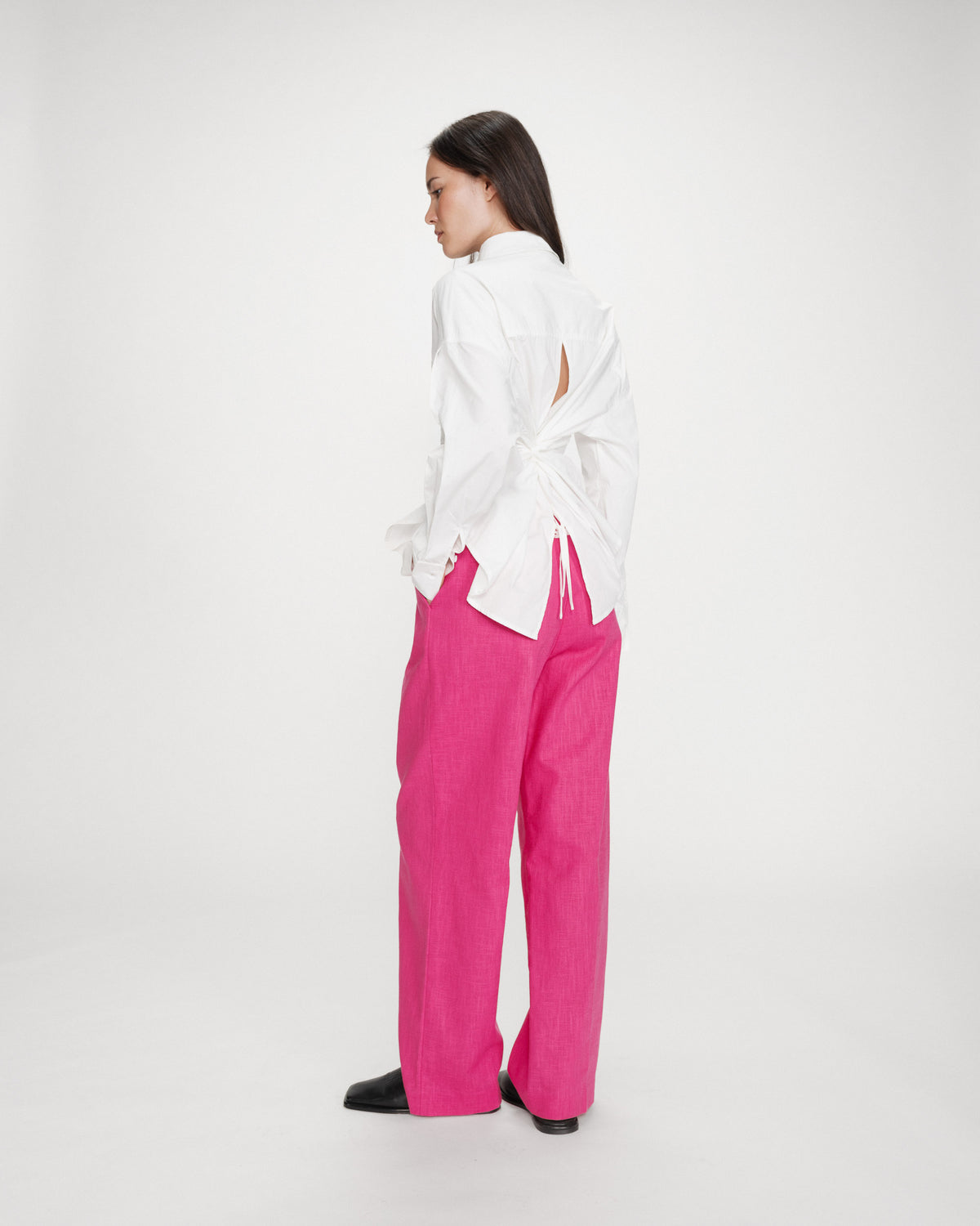 Pantalon tailleur à plis en lin et coton fuchsia Vanelis